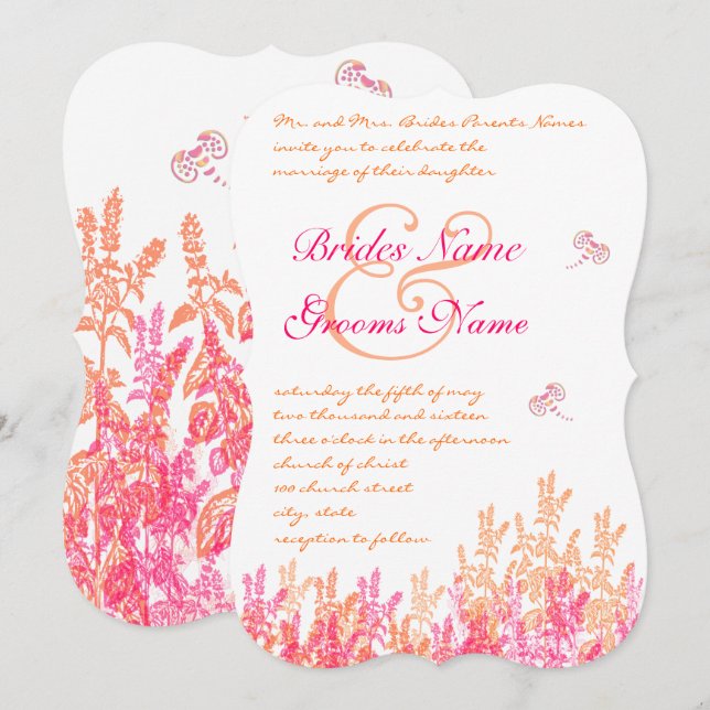 Coral & Fuchsia Flower Butterfly Wedding Invites (Front/Back)