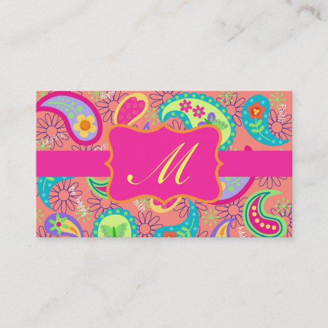 Coral Fuchsia Pink Modern Paisley Monogram Business Card (Front)