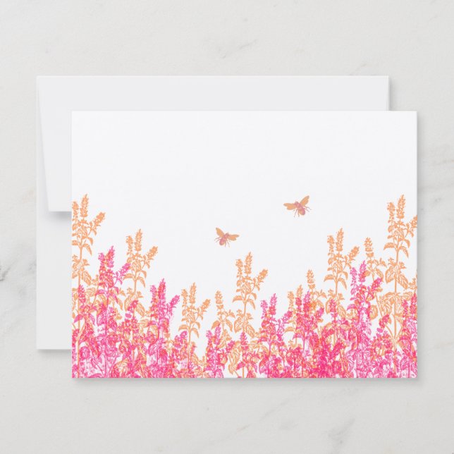 Coral & Fuchsia Wild Flower Bee Wedding RSVP (Front)