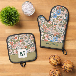 Coral Garden Flower Pattern Oven Mitt & Pot Holder Set