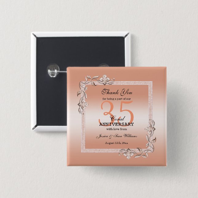 Coral Gem & Glitter 35th Wedding Anniversary  15 Cm Square Badge (Front & Back)
