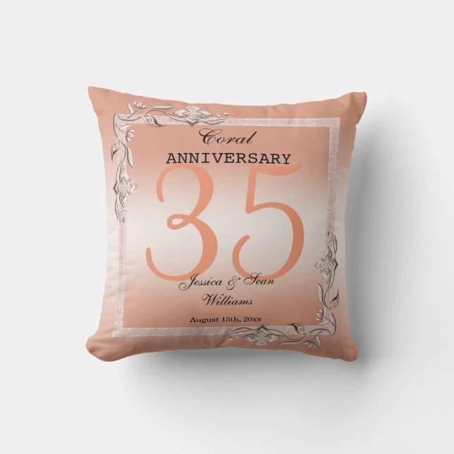  Coral Gem & Glitter 35th Wedding Anniversary  Cushion (Front)