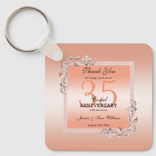 Coral Gem & Glitter 35th Wedding Anniversary Key Ring (Front)