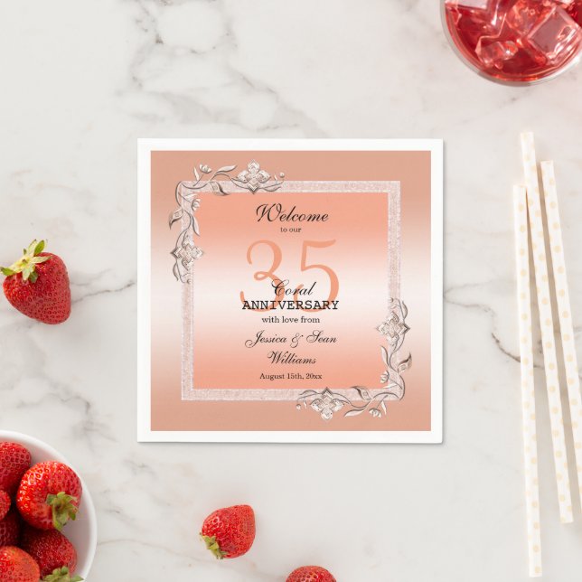  Coral Gem & Glitter 35th Wedding Anniversary  Napkin (Insitu)