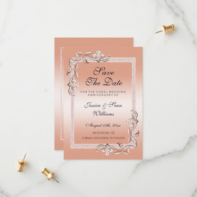  Coral Gem & Glitter 35th Wedding Anniversary  Sav Save The Date (Front/Back In Situ)