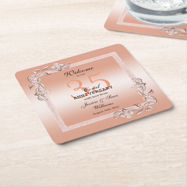  Coral Gem & Glitter 35th Wedding Anniversary   Square Paper Coaster (Angled)
