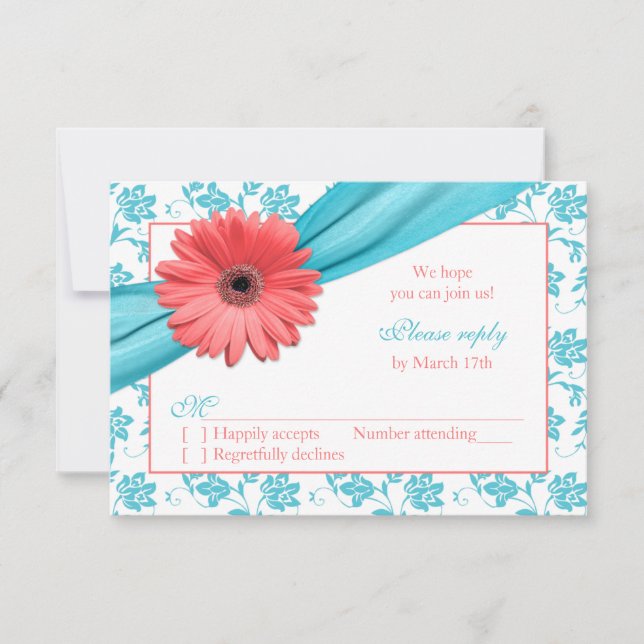 Coral Gerber Daisy Aqua Damask Floral Wedding RSVP (Front)