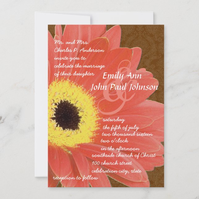 Coral Gerber Daisy Wedding Invitation (Front)