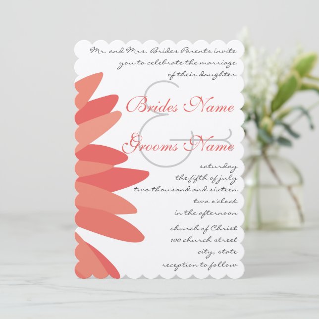 Coral Gerber Daisy Wedding Invitation (Standing Front)