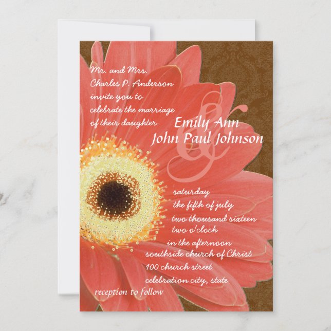 Coral Gerber Daisy Wedding Invitation (Front)