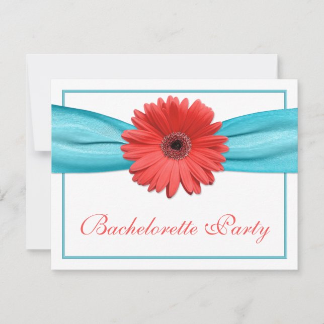 Coral Gerbera Daisy Aqua Ribbon Bachelorette Party Invitation (Front)