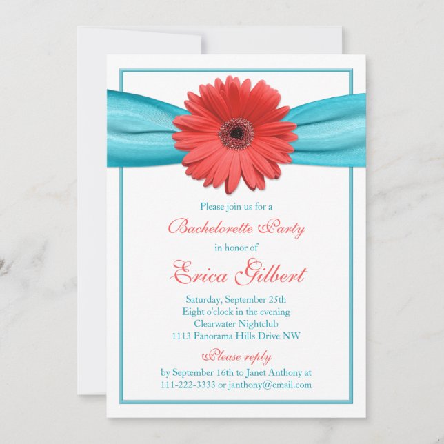 Coral Gerbera Daisy Aqua Ribbon Bachelorette Party Invitation (Front)