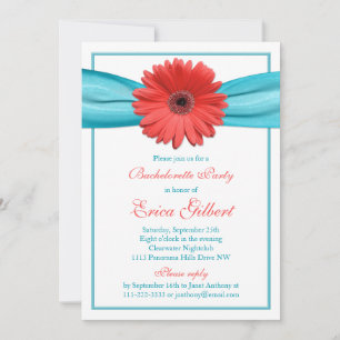 Coral Gerbera Daisy Aqua Ribbon Bachelorette Party Invitation