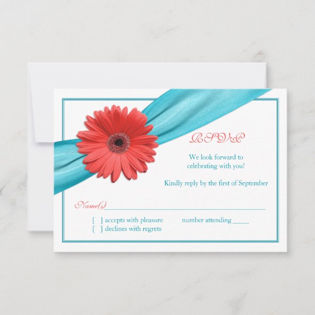 Coral Gerbera Daisy Aqua Ribbon Wedding Reply Card (Front)