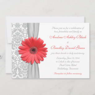 Coral Gerbera Daisy Grey Damask Wedding Invitation