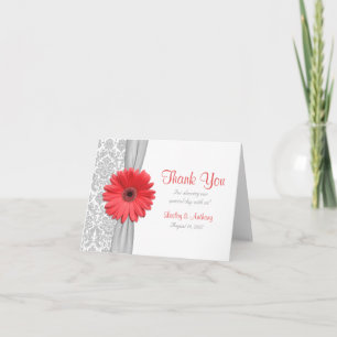 Coral Gerbera Daisy Grey Damask Wedding Thank You Card