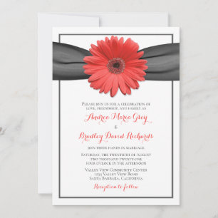 Coral Gerbera Daisy Grey Ribbon Invitation