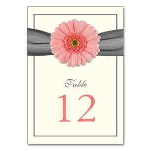 Coral Gerbera Daisy Grey Ribbon Wedding Table Number