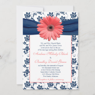 Coral Gerbera Daisy Navy Floral Wedding Invitation