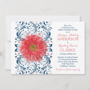 Coral Gerbera Daisy Navy Floral Wedding Invitation