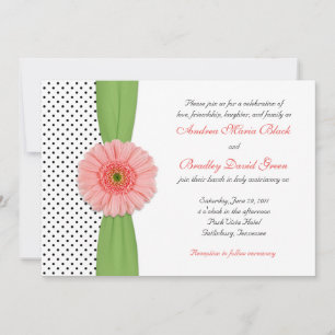 Coral Gerbera Daisy Polka Dot Wedding Invitation