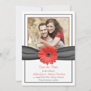 Coral Gerbera Grey Ribbon Wedding Save the Date