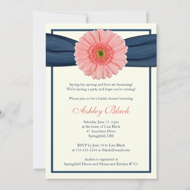 Coral Gerbera Navy Ribbon Bridal Shower Invitation (Front)