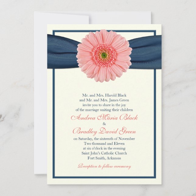 Coral Gerbera Navy Ribbon Wedding Invitation (Front)