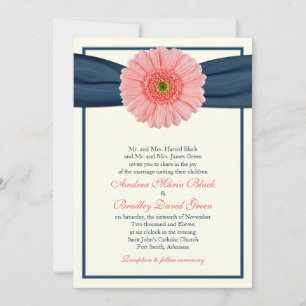 Coral Gerbera Navy Ribbon Wedding Invitation