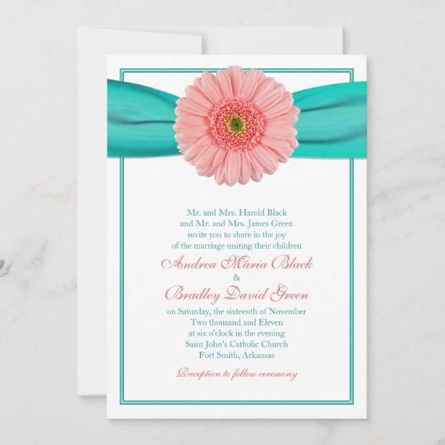 Coral Gerbera Turquoise Ribbon Wedding Invitation (Front)