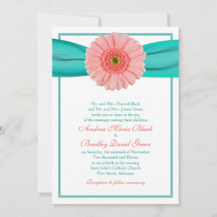 Coral Gerbera Turquoise Ribbon Wedding Invitation
