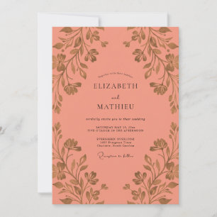 Coral Gilded Leaf Wedding Invitation