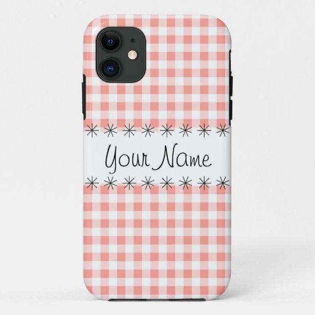 Coral Gingham Check 'Name' iPhone case (Back)