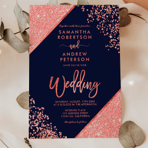 Coral glitter confetti chic navy blue wedding invitation