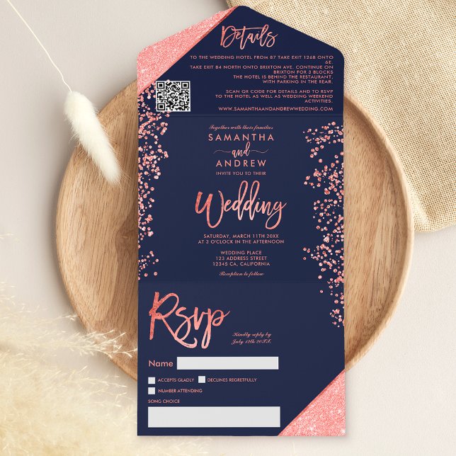 Coral glitter confetti navy blue wedding all in one invitation (Coral glitter confetti navy blue wedding all in one invitation)