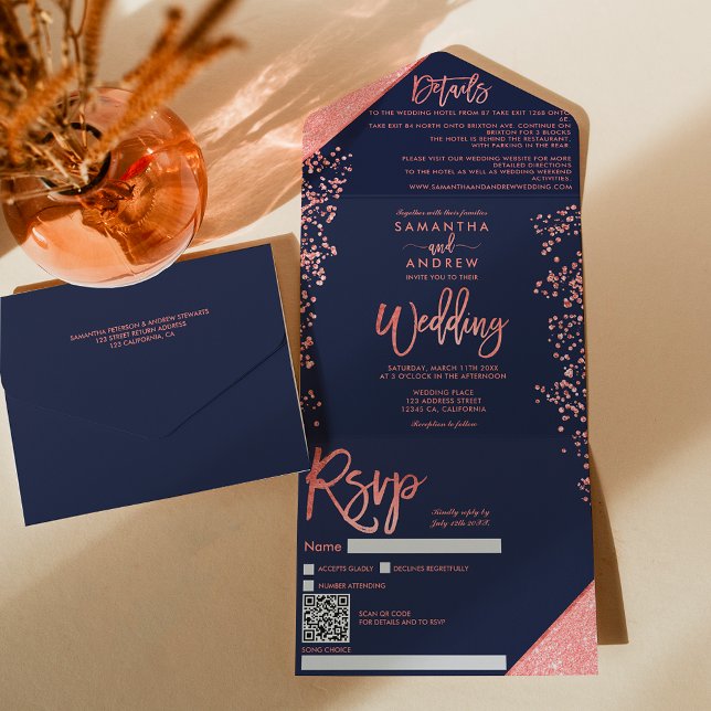 Coral glitter confetti navy blue wedding all in one invitation (Coral glitter confetti navy blue wedding all in one invitation)