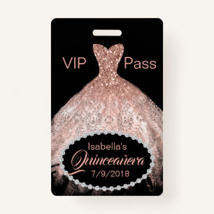 Coral Glitter Dress Quinceañera VIP Party Badge ID Badge