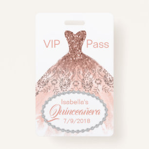 Coral Glitter Dress Quinceañera VIP Party Badge ID Badge