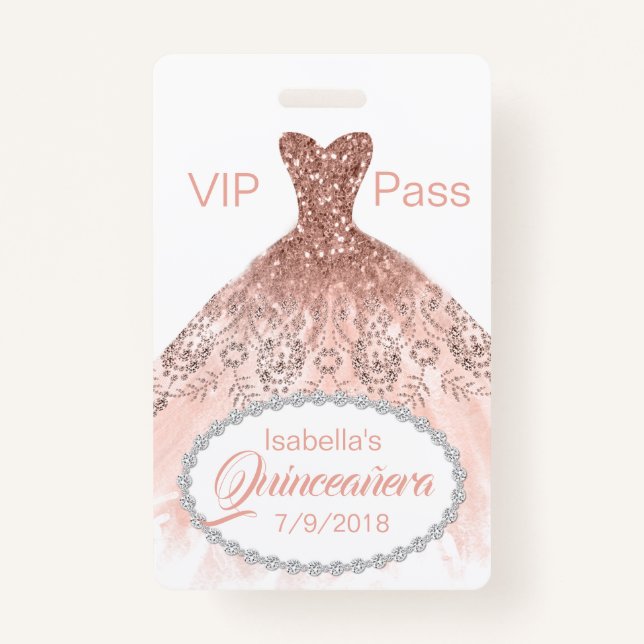 Coral Glitter Dress Quinceañera VIP Party Badge ID Badge (Front)