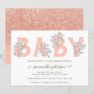 Coral glitter floral watercolor letter baby shower invitation