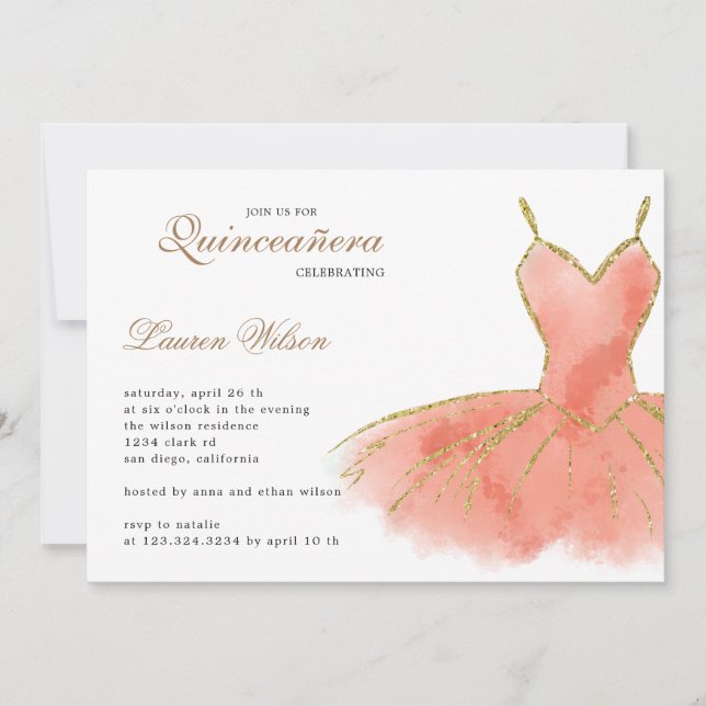 Coral Glitter Gown Quinceanera Invitation (Front)
