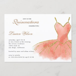 Coral Glitter Gown Quinceanera Invitation