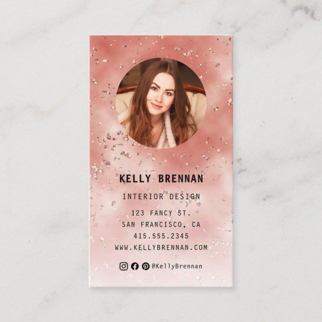 Coral Glitter Photo Business Card with QR Code (Front)
