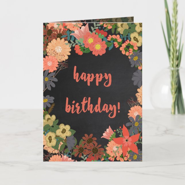 Coral, Gold and Grey Flowers Birthday Card (Front)