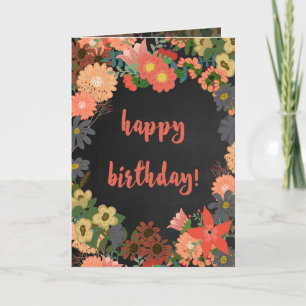 Coral, Gold and Grey Flowers Birthday Card