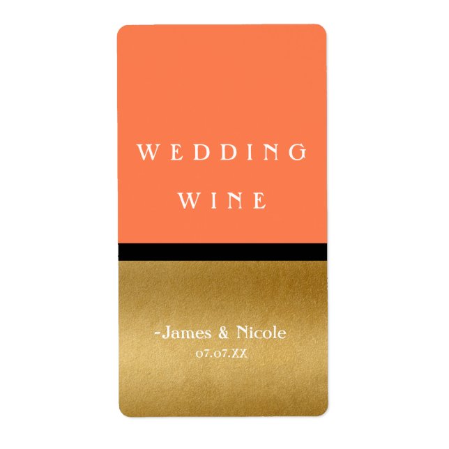 Coral Gold & Black Modern Glam Chic Wine Label (Front)