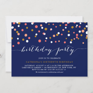 Coral & Gold Confetti Dots Blue Birthday Party Invitation