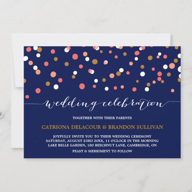 Coral & Gold Confetti Dots | Navy Wedding II Invitation (Front)