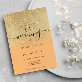 Coral gold glitter black script ombre wedding invitation