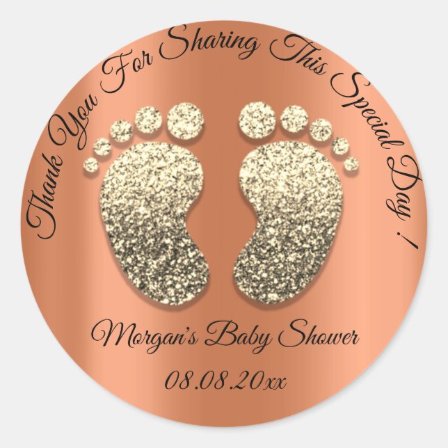 Coral Gold Glitter Feet Baby Shower Favour Thank Classic Round Sticker (Front)